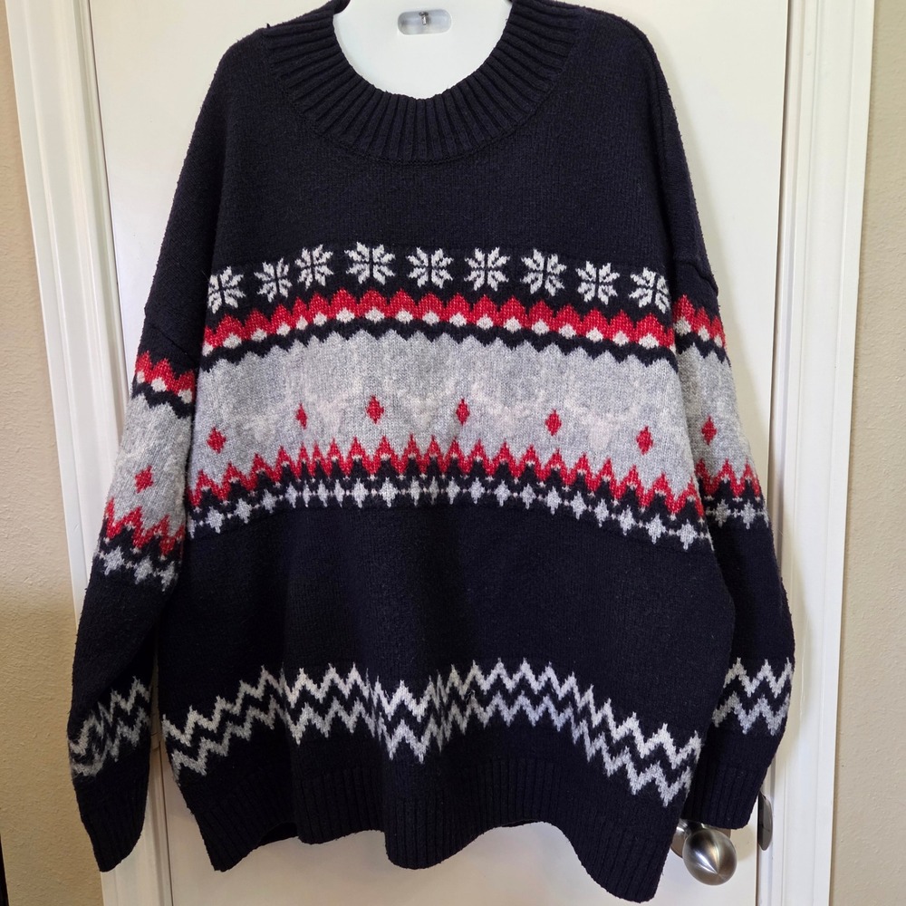 HM Womens XXL Fair Isle Knit Sweater Navy Blue Red Snowflake Nordic Oversized
